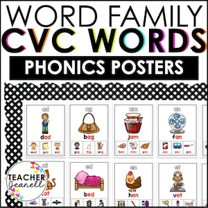 Woordfamilies Phonics-posters, CVC Woordfamilie-posters, CVC-woordenposters, geluidsmuurposters
