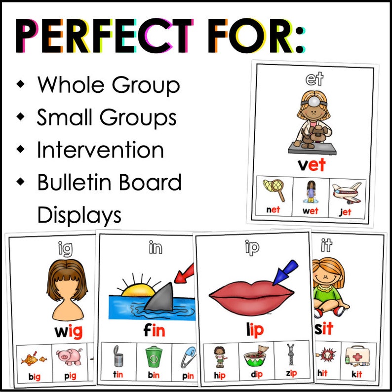 May include: A set of colourful flashcards with pictures and words for the short vowel sounds 'et', 'ig', 'in', 'ip', and 'it'. The cards are ideal for teaching phonics and early literacy skills.