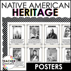 May include: Black and white poster set featuring portraits of Native American historical figures, including Sitting Bull, Black Hawk, Geronimo, Crazy Horse, Sacagawea, Chief Joseph, Red Cloud, and Sequoyah. Each poster includes a brief biography of the individual.