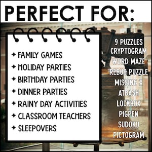 Pu&ograve; includere: Una lavagna bianca con testo nero che elenca attivit&agrave; perfette per giochi in famiglia, feste, feste di compleanno, cene, attivit&agrave; per giornate piovose, insegnanti in classe e pigiama party. Una campana dorata con testo nero elenca 9 puzzle, crittogramma, labirinto di parole, puzzle di rebus, x mancante, atbash, cassetta di sicurezza, pigpen, sudoku e pittogramma.