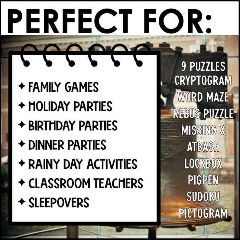 Pu&ograve; includere: Una lavagna bianca con testo nero che elenca attivit&agrave; perfette per giochi in famiglia, feste, feste di compleanno, cene, attivit&agrave; per giornate piovose, insegnanti in classe e pigiama party. Una campana dorata con testo nero elenca 9 puzzle, crittogramma, labirinto di parole, puzzle di rebus, x mancante, atbash, cassetta di sicurezza, pigpen, sudoku e pittogramma.
