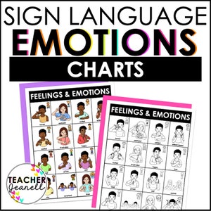 Gráficos de sentimientos y emociones de ASL, Gráficos de lenguaje de señas, Gráficos de aprendizaje de emociones de ASL, Gráficos educativos de ASL