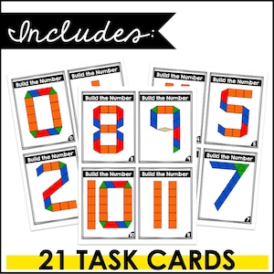 May include: Twenty-one task cards with the words "Build the Number" printed on each card. Each card features a number from 0 to 11 made from different colored geometric shapes.