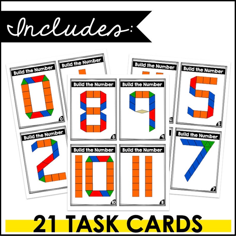 May include: Twenty-one task cards with the words "Build the Number" printed on each card. Each card features a number from 0 to 11 made from different colored geometric shapes.