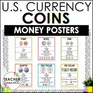Conjunto de carteles educativos de monedas de EE. UU. / Alfabetización financiera para niños / Carteles de monedas y dólares / Carteles de aprendizaje de dinero / Tablón de anuncios de dinero