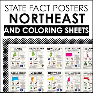 Region Nordosten Poster Zustand Poster Set Printable | Pädagogische Geographie Wandkunst für Klassenzimmer Dekor | Zustand Karten & Malseiten