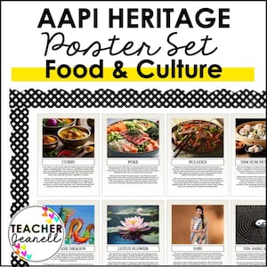 Könnte beinhalten: Ein Satz von 8 Postern mit Bildern und Texten zum Thema asiatisch-amerikanisches und pazifisch-amerikanisches Erbe (AAPI). Die Poster zeigen Bilder von Essen, kulturellen Symbolen und traditioneller Kleidung. Der Text auf den Postern enthält die Namen der Gegenstände und kurze Beschreibungen ihrer Bedeutung.