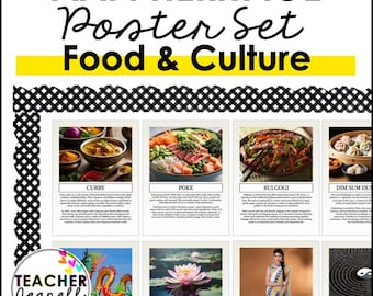 May include: A set of 8 posters featuring images and text related to Asian American and Pacific Islander (AAPI) heritage. The posters include images of food, cultural symbols, and traditional clothing. The text on the posters includes the names of the items and brief descriptions of their significance.