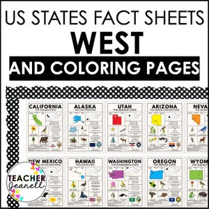West Region Zustand Poster Bundle Printable | Pädagogische Geographie Wandkunst für Klassenzimmer Dekor | Zustand Karten & Malseiten