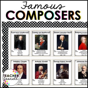 Quadro de avisos de compositores clássicos famosos, conjunto de pôsteres de compositores de música clássica