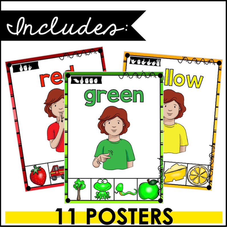 May include: Set of 11 color posters featuring a person signing the color name in American Sign Language. Each poster includes a picture of the person signing the color, the word for the color, and four images of objects in that color. The colors included are red, green, yellow, blue, orange, purple, brown, black, white, pink, and gray.