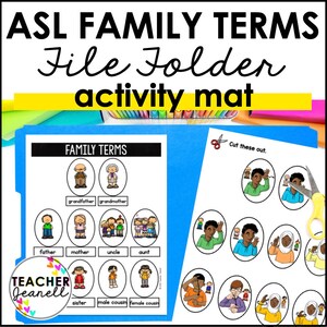 May include: A blue file folder with a white sheet inside. The sheet has the title "Family Terms" and shows illustrations of family members with their corresponding ASL signs. The sheet also includes the text "Cut these out."