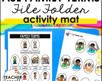 May include: A blue file folder with a white sheet inside. The sheet has the title "Family Terms" and shows illustrations of family members with their corresponding ASL signs. The sheet also includes the text "Cut these out."