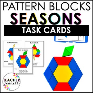 May include: A set of printable task cards for building shapes using pattern blocks. The cards feature images of an acorn, a leaf, and an apple. The text on the cards reads "Build an acorn", "Build a leaf", and "Build an apple". The cards also include instructions to trace the shapes.