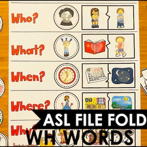 ASL WH 疑問語マッチングアクティビティ、ASL ファイルフォルダーアクティビティ、ビジーブック、ホームスクールアクティビティ、デジタルダウンロード