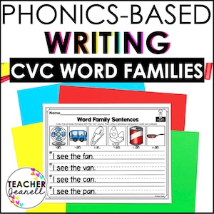 May include: A printable worksheet for kids to practice phonics. The worksheet features a word family activity with pictures of a fan, van, pin, hen, can, and pan. The instructions ask students to color the pictures that end with the "an" sound and then write a sentence using each word.
