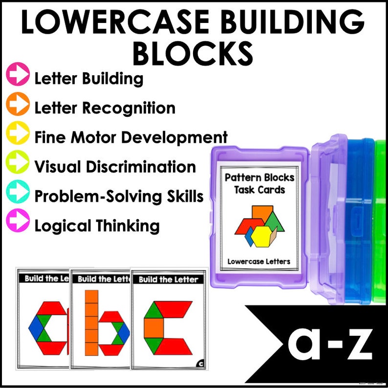 May include: A set of lowercase letter building blocks for kids. The blocks are made of colorful plastic and are shaped like different geometric shapes. The blocks come in a clear plastic storage case with the words "Pattern Blocks Task Cards" and "Lowercase Letters" printed on it. The image also shows three cards with the words "Build the Letter" and the letters "a", "b", and "c" built with the blocks. The image also includes the text "a-z".