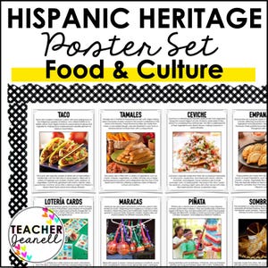 May include: A set of colorful posters with images and text about Hispanic Heritage, including food and culture. The posters feature images of tacos, tamales, ceviche, empanadas, loteria cards, maracas, piñatas, and sombreros.
