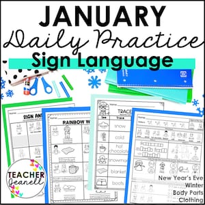 May include: Educational worksheets for January daily practice of sign language. The image shows several worksheets with winter-themed vocabulary, tracing exercises, and cut-and-paste activities. Includes scissors, glue, and notebooks.