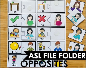 May include: A set of ASL file folder games for teaching opposites. The cards feature illustrations of people signing various opposites, such as on/off, yes/no, in/out, little/big, and stop/go.