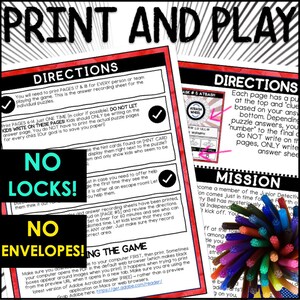 Pu&ograve; includere: Un gioco stampabile rosso e bianco con il titolo "Stampa e gioca" e istruzioni per un gioco di "Missione". Le istruzioni includono "Nessun lucchetto!" e "Nessuna busta!" L'immagine include anche un primo piano di un mucchio di pennarelli colorati.