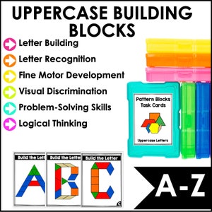 May include: A set of colorful plastic storage containers with uppercase letter building blocks and task cards. The containers are labeled "Pattern Blocks Task Cards" and "Uppercase Letters". The task cards show different ways to build the letters A, B, and C using the blocks. The image also includes a list of skills that the blocks can help develop, such as letter building, letter recognition, fine motor development, visual discrimination, problem-solving skills, and logical thinking.