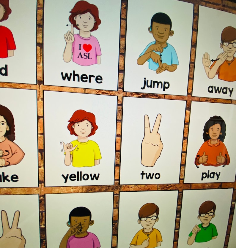 May include: A colorful chart with illustrations of people signing different words in American Sign Language (ASL). The words include "where", "jump", "away", "yellow", "two", "play", and more.