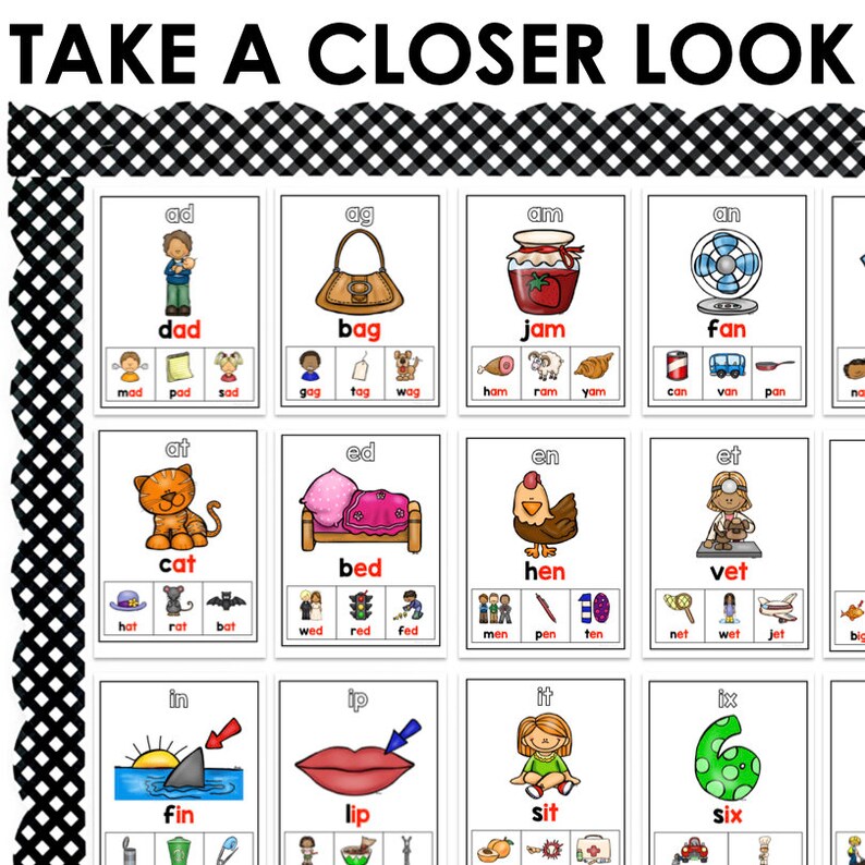 May include: A set of 12 colourful flashcards with images and words for teaching beginning readers the sounds of letters and letter combinations. The flashcards feature images of a dad, a bag, jam, a fan, a cat, a bed, a hen, a vet, a fin, a lip, a person sitting, and the number six.