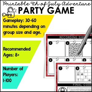 Pu&ograve; includere: Gioco di festa di avventura del 4 luglio stampabile per bambini dai 8 anni in su. Il gioco &egrave; per 1-100 giocatori e dura dai 30 ai 60 minuti, a seconda delle dimensioni del gruppo e dell'et&agrave;. Il gioco include un foglio di registrazione con 8 diversi puzzle da risolvere.