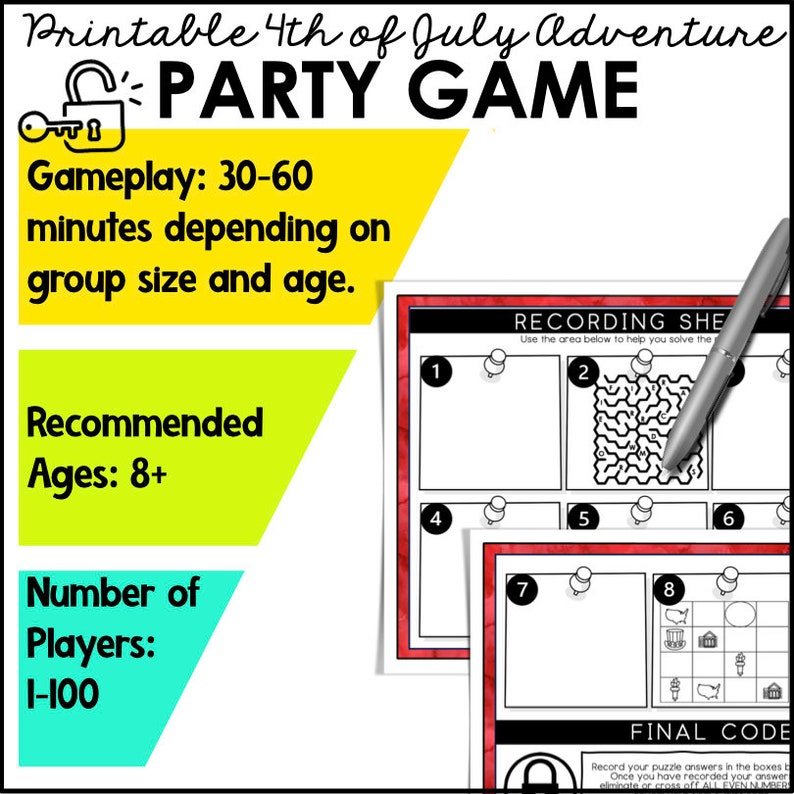 Pu&ograve; includere: Gioco di festa di avventura del 4 luglio stampabile per bambini dai 8 anni in su. Il gioco &egrave; per 1-100 giocatori e dura dai 30 ai 60 minuti, a seconda delle dimensioni del gruppo e dell'et&agrave;. Il gioco include un foglio di registrazione con 8 diversi puzzle da risolvere.