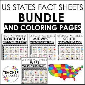 Bundel Amerikaanse staten posters en kleurplaten, factsheets staten, educatieve staatssymbolen en kaarten, printables geografie