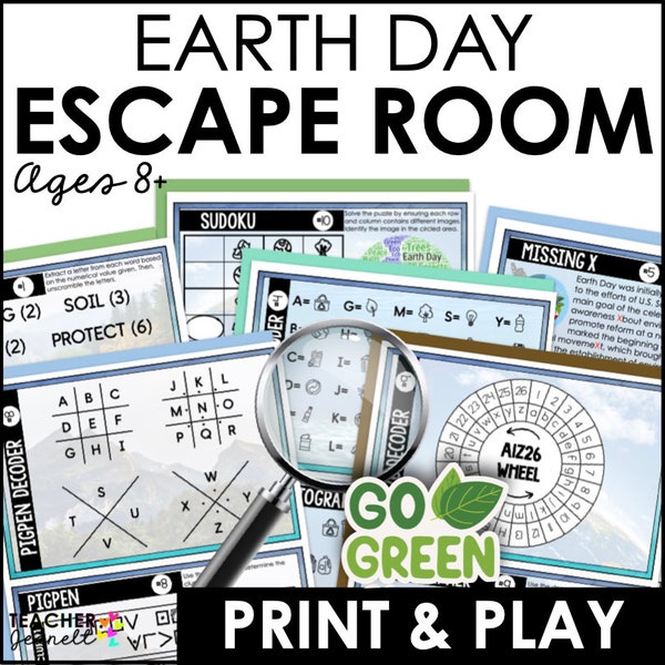 Sala de escape del Día de la Tierra para niños mayores de 8 años, kit de juego de aventuras de rompecabezas imprimibles, actividad familiar divertida del Día de la Tierra, juego del Día de la Tierra para niños