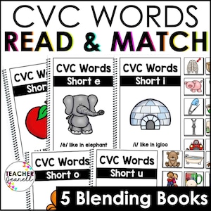 May include: Five colorful blending books for kids to learn CVC words. Each book features a different short vowel sound and an illustration of an animal or object that represents the sound. The books are titled "CVC Words Short e", "CVC Words Short i", "CVC Words Short o", "CVC Words Short u", and "CVC Words Short a".