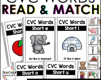 Könnte beinhalten: Fünf bunte Mischbücher für Kinder, um CVC-Wörter zu lernen. Jedes Buch zeigt einen anderen kurzen Vokal und eine Illustration eines Tieres oder Objekts, das den Klang repräsentiert. Die Bücher sind betitelt mit "CVC Words Short e", "CVC Words Short i", "CVC Words Short o", "CVC Words Short u" und "CVC Words Short a".