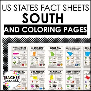 Region Süd Zustand Poster Bundle Printable | Pädagogische Geographie Wandkunst für Klassenzimmer Dekor | Zustand Karten & Malseiten
