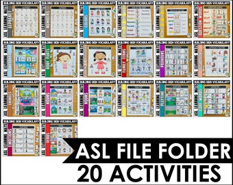 May include: Twenty colorful printable ASL sign language learning mats. Each mat features a different category of vocabulary, such as alphabet, numbers, colors, body parts, family terms, and more. The mats are designed for use in a file folder.