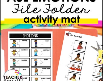 May include: A printable file folder activity mat for teaching American Sign Language (ASL) signs for emotions. The mat features a set of 10 emotions with corresponding ASL signs, including happy, sad, excited, worried, scared, tired, confused, shy, mad, and embarrassed. The mat is designed for use with a file folder and includes a separate sheet with the ASL signs to cut out and match to the emotions.