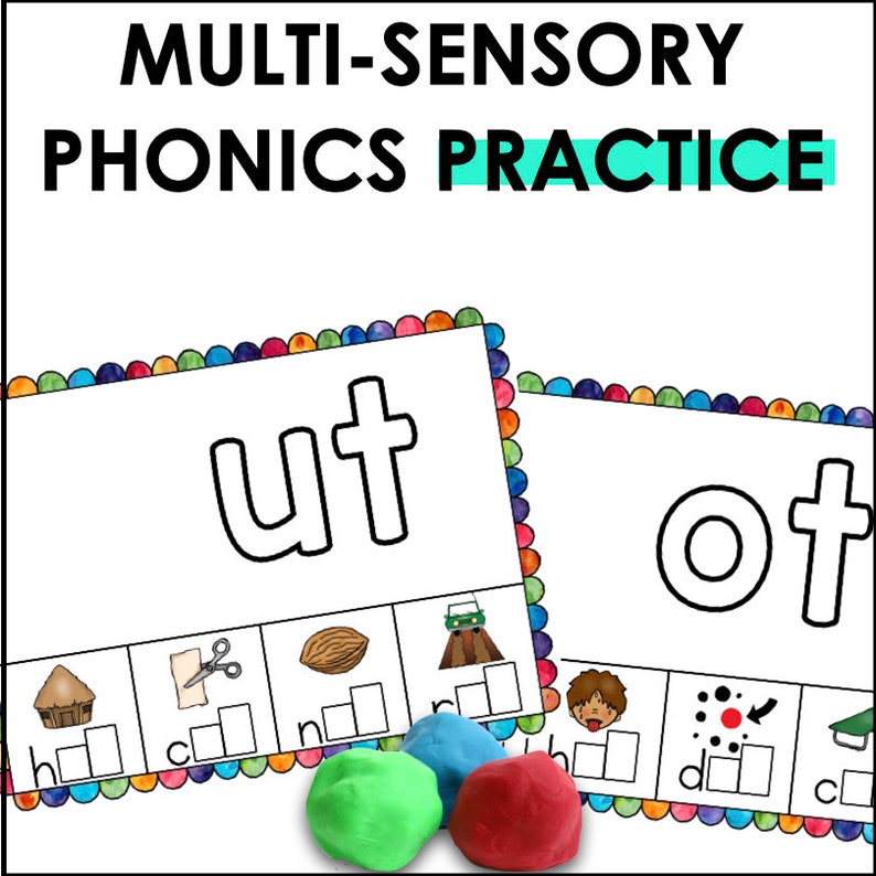 May include: Multi-sensory phonics practice activity with two cards. The first card shows the word "ut" and has pictures of a hut, scissors, a nut, and a truck. The second card shows the word "ot" and has pictures of a boy, a dot, and a book.