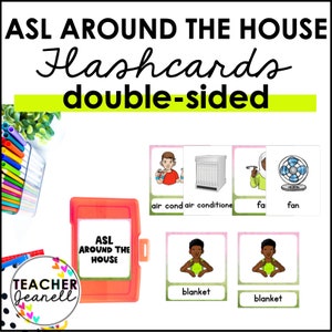 May include: A set of double-sided flashcards for learning American Sign Language (ASL) signs for items found around the house. The cards feature illustrations of people signing and images of the items. The cards are stored in a red plastic case with the text "ASL Around The House" printed on it.