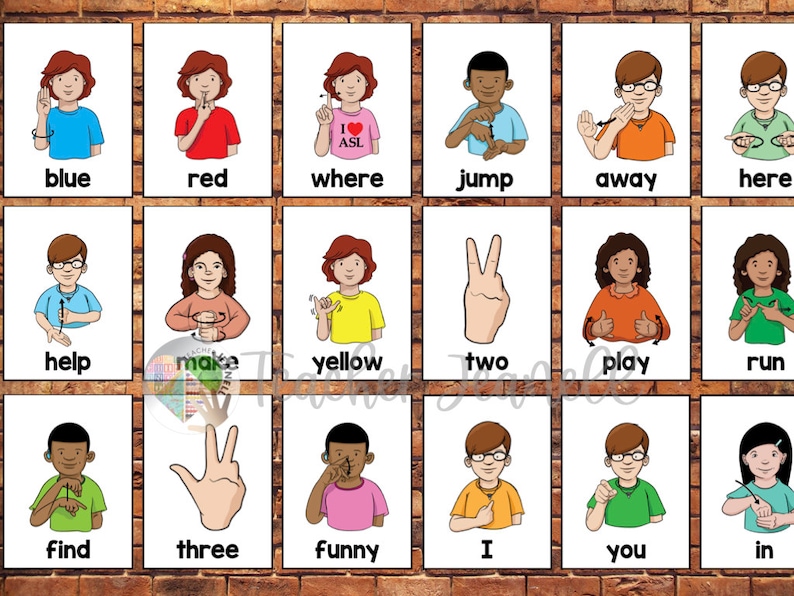 May include: A set of 18 flashcards featuring illustrations of people signing various words in American Sign Language (ASL). Each card has a colorful illustration of a person signing a word, with the word printed below the illustration. The words include: blue, red, where, jump, away, here, help, make, yellow, two, play, run, find, three, funny, I, you, and in.