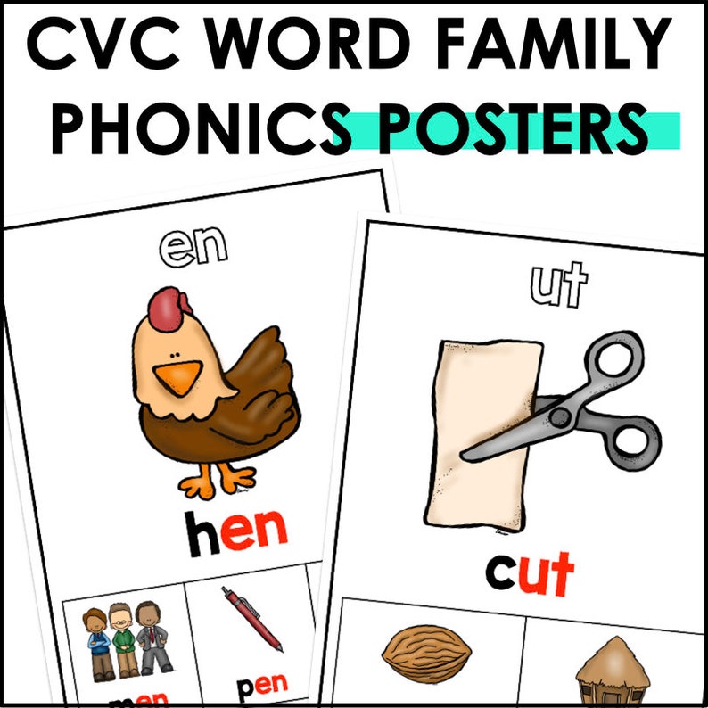 May include: Two printable phonics posters featuring CVC word families. The first poster shows a brown hen with the word "hen" and the word family "en". The second poster shows a pair of scissors cutting a piece of paper with the word "cut" and the word family "ut".