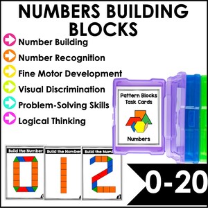 May include: A set of colorful pattern blocks for building numbers 0-20. The blocks are in a clear plastic container with a purple lid. The container has a label that says "Pattern Blocks Task Cards" and "Numbers". The image also shows three cards with the numbers 0, 1, and 2 built with the blocks.