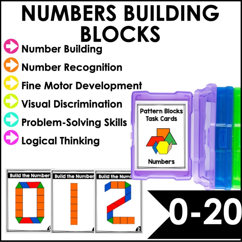 May include: A set of colorful pattern blocks for building numbers 0-20. The blocks are in a clear plastic container with a purple lid. The container has a label that says "Pattern Blocks Task Cards" and "Numbers". The image also shows three cards with the numbers 0, 1, and 2 built with the blocks.