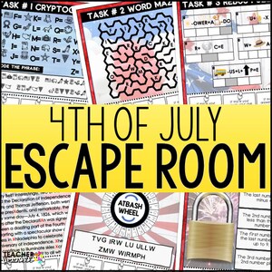 Pu&ograve; includere: Un gioco di escape room del 4 luglio con uno schema di colori rosso, bianco e blu. Il gioco include una ricerca di parole, un labirinto di parole, un decrittatore di codici e una serratura con un buco della serratura. Il gioco include anche una ruota atbash stampabile.