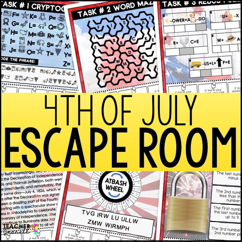 Pu&ograve; includere: Un gioco di escape room del 4 luglio con uno schema di colori rosso, bianco e blu. Il gioco include una ricerca di parole, un labirinto di parole, un decrittatore di codici e una serratura con un buco della serratura. Il gioco include anche una ruota atbash stampabile.