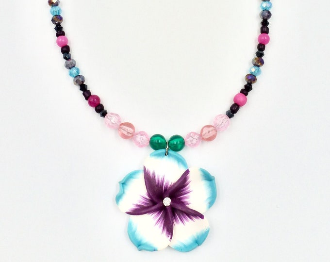 Hawaiian Flower Pendant Purple and Blue Beaded Necklace by Lauren Jay Designs