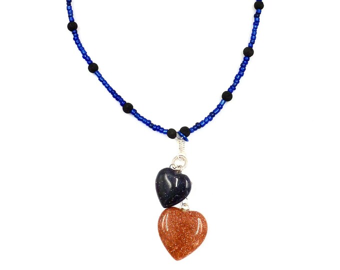 Heart Chakra Stones Crystal Charms Pendants Lava Stone Blue Beaded Necklace by Lauren Jay Designs