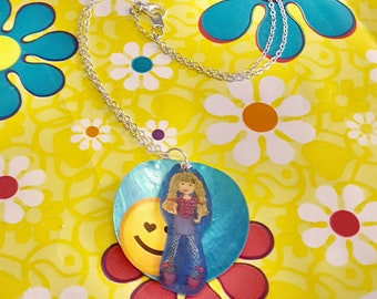 Groovy Girls Smiley Face Charm Blue Shell Pendant Silver Chain Necklace by Lauren Jay Designs