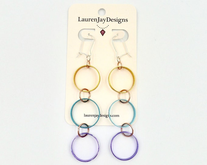 Gold, Blue and Purple Ring Dangle Earrings by Lauren Jay Designs