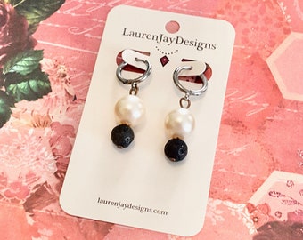 White Faux Pearl and Black Lava Stone Hoop Dangle Earrings by Lauren Jay Designs